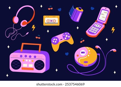 Conjunto de Gadgets Retroativos. Vintage Produtos de tecnologia. Fones de ouvido, Cassete, Controlador de jogos, Boombox