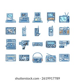 retro gadget technology device doodle icons set vector. old game, computer video, electronic equipment, phone screen, digital joystick retro gadget technology device sketch hand drawn