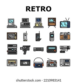 retro gadget technology device icons set vector. old game, computer video, electronic equipment, phone screen, digital joystick retro gadget technology device color line illustrations