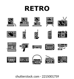 iconos de dispositivos de tecnología de gadget retro conjunto vector. juego antiguo, vídeo por ordenador, equipo electrónico, pantalla de teléfono, dispositivo digital joystick retro de tecnología gadget glifo pictograma Ilustraciones