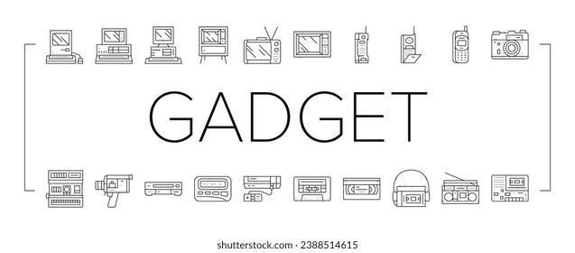 retro gadget technology device icons set vector. old game, computer video, electronic equipment, phone screen, digital joystick retro gadget technology device black contour illustrations