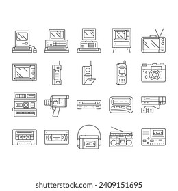 retro gadget technology device icons set vector. old game, computer video, electronic equipment, phone screen, digital joystick retro gadget technology device black contour illustrations