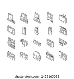 retro gadget technology device isometric icons set. old game, computer video, electronic equipment, phone screen, digital joystick retro gadget technology device color line