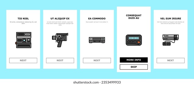 retro gadget technology device onboarding mobile vector. old game, computer video, electronic equipment, phone screen, digital joystick retro gadget technology device illustrations