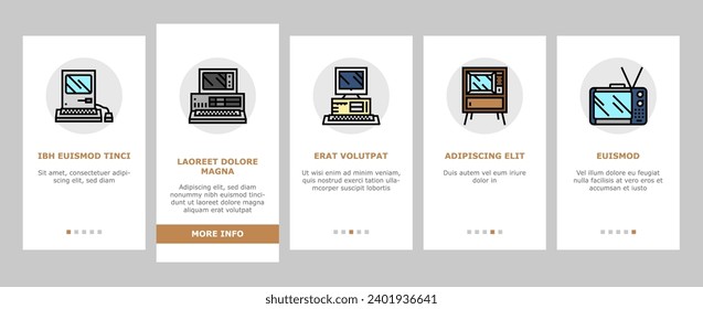 retro gadget technology device onboarding mobile vector. old game, computer video, electronic equipment, phone screen, digital joystick retro gadget technology device illustrations
