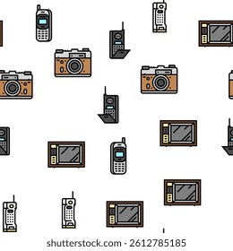 retro gadget technology device vector seamless pattern thin line illustration