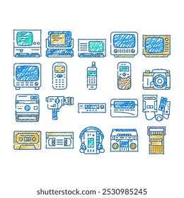 retro gadget vintage techology doodle icons set vector. sketch line art communication art, phone old, computer creative, fashion contemporary, device trend gadget vintage techology color illustrations