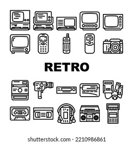 retro gadget vintage techology icons set vector. communication art, phone old, computer creative, fashion contemporary, device trend retro gadget vintage techology black contour illustrations