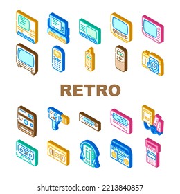 retro gadget vintage techology icons set vector. communication art, phone old, computer creative, fashion contemporary, device trend retro gadget vintage techology isometric sign illustrations