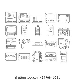 retro gadget vintage techology icons set vector. communication art, phone old, computer creative, fashion contemporary, device trend retro gadget vintage techology black contour illustrations