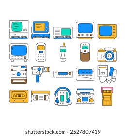 retro gadget vintage techology icons set vector. communication art, phone old, computer creative, fashion contemporary, device trend retro gadget vintage techology color Contour Illustrations