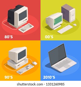 Retro gadgets 2x2 isometric design concept with computer evolution 3d isolated vector illustration