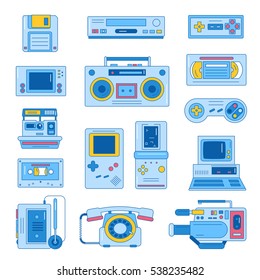 Retro gadgets from 90s in flat line style. Hipster old devices. Game and media tech things. Trendy vector web icon set.