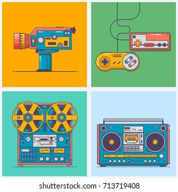 Retro Gadgets From 90s In Line Style. Vintage Game Console, Camcorder, Tape Player,boombox. Game And Media Tech Things. Trendy Vector Web Icon Set.