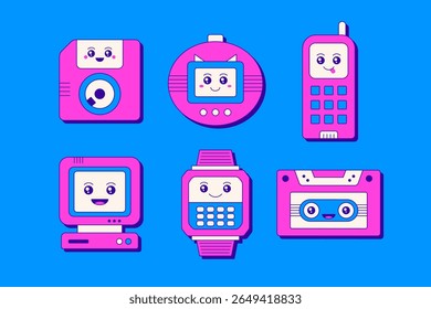 Retro Gadgets 90s Technology in Cute Cartoon Style