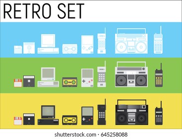 Retro gadgets from 90s in three different style. Hipster old devices. Game and media tech things. Trendy vector web icon set.
