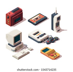 Retro Gadgets. Computer Camera Telephone Vhs Player Game Console Portable Old Devices Vector Isometric. Vintage Game Computer, Old Technology Device Player Illustration