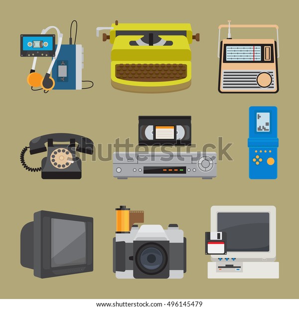 Retro gadgets icons.\
Portable cassette player and old pc, vintage gamepad and old camera\
vector illustration
