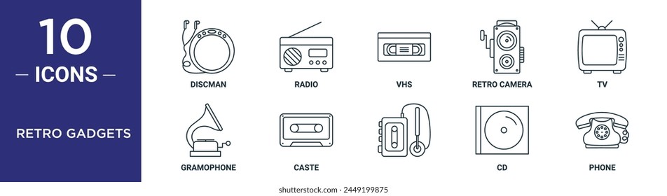 retro gadgets outline icon set includes thin line discman, radio, vhs, retro camera, tv, gramophone, caste icons for report, presentation, diagram, web design