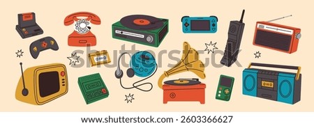 Retro gadgets. Vintage electronic devices, 90s technology, mobile phone, gamepad console, old vinyl record player, radio and television, cartoon flat style isolated garish vector set