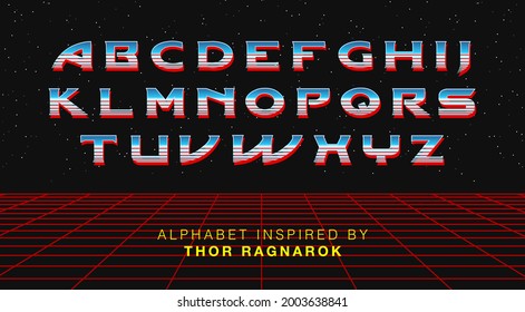 Retro galaxy font, vector alphabet 80s  letters with a metallic effect, retro futurism arcade game typeface