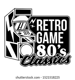 Retro game 80's classics old game machine for play retro arcade video game for gamers and geek culture people vintage gamepad. Retro vector print design illustration for poster sticker t-shirt apparel