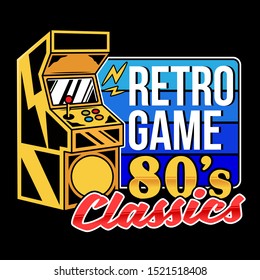 Retro game 80's classics old game machine for play retro arcade video game for gamers and geek culture people vintage gamepad. Retro vector print design illustration for poster sticker t-shirt apparel