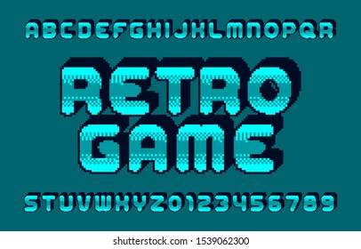 Retro Game alphabet font. 3D pixel letters and numbers. 80s arcade video game typeface.