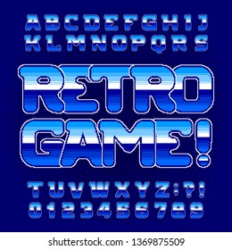 Retro Game alphabet font. Digital pixel gradient letters and numbers. 80s arcade video game typescript.