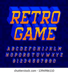 Retro-Spiel-Alphabet-Schriftart. Digitale Buchstaben und Zahlen mit 3D-Pixeln. 80er-Jahre-Retro-Arcade-Videospiel-Skript.