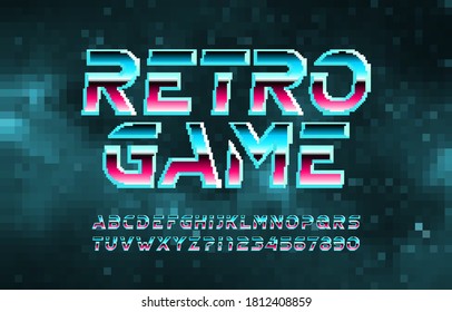 Retro-Spiel-Alphabet-Schriftart. Pixel-Buchstaben, Zahlen und Symbole. Digitaler Hintergrund. Arcade-Videospiel-Schrift der 80er Jahre.