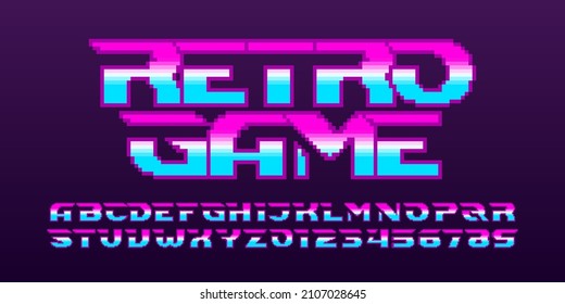 Retro Game alphabet font. Pixel letters and numbers. 80s arcade video game typeface.