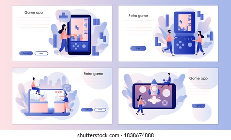 Retro Game App. Tiny People Playing Video Game Using Laptop, Smarthphone And Tablets. Screen Template For Mobile Smart Phone, Landing Page, Template, Ui, Web, Mobile App, Poster, Banner, Flyer. Vector