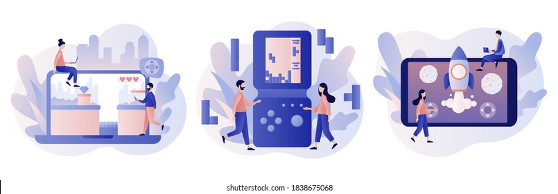 Retro game app. Tiny people playing video game, tetris, classic platformer using laptop, smarthphone and tablets. Modern flat cartoon style. Vector illustration on white background