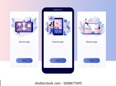 Retro game app. Tiny people playing video game, tetris, classic platformer using laptop, smarthphone and tablets. Screen template for mobile smart phone. Modern flat cartoon style. Vector illustration