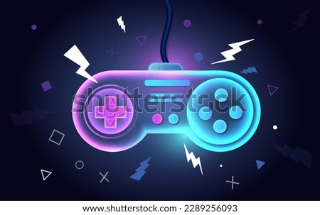 Retro game banner. Neon controller and joystick. Entertainment and fun. Futuristic gamepad. Virtual reality and cyberspace. Template, layout and mock up. Cartoon flat vector illustration