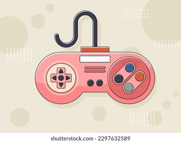 Retro game banner. Pink controller with buttons and wire. Video games, consoles. Entertainment and digital world. Graphic element for website. Cartoon flat vector illustration