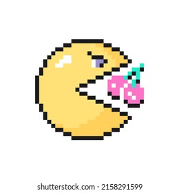 Retro game computer character eats cherries icon in pixel art design isolated on white background
