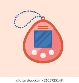 Retro game concept. Colorful pink sticker with portable tamagotchi device. Caring for cute digital animal. Old entertainment. Design element for social networks. Cartoon flat vector illustration