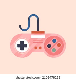 Retro game concept. Poster with vintage pink gamepad or joystick with buttons for digital games. Entertainment for children and adults. Design element for printing. Cartoon flat vector illustration