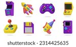 Retro game console 3D vector icon set.
arcade game,spaceship,joystick,gamepad,miniconsole,disk,space gun