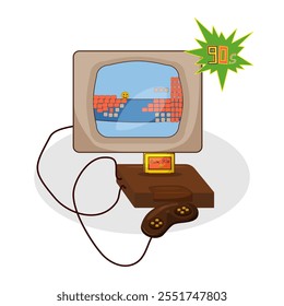 Retro game console from the 80s-90s. Computer games. 90s aesthetic. Game joystick. The 1980s. The 1990s. Isolated vector illustration on the white background