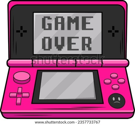 Retro game console in acid pink and black colors with inscription game over and sad emoji. Emo style. Vector illustration on transparent background