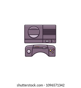 Retro game console and controller - flat color line icons on isolated background. Vintage videogame device with joystick - vector signs or symbols in thin linear design. 