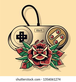 Retro Game Console Controller and Rose Traditional Tattoo Design