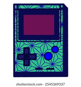 Retro game console illustration with colorful geometric patterns, inspired by vintage handheld gaming devices.