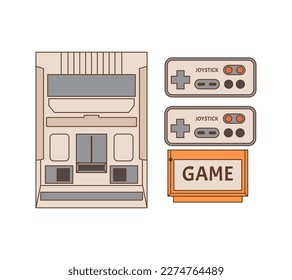 Retro game console with joystick controllers and cartridge. 8 bit video game illustration. Old School gamer gadget. Back to 90s. Nostalgia for 1990s element. Retro style.