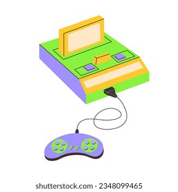 Retro game console with joystick. Gamepad. Old vintage device 80s, 90s nostalgic. Old School gamer gadget.