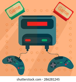 Retro game console with joysticks and cartridges drawn into flat style with bright colors on the background. Vector Illustration