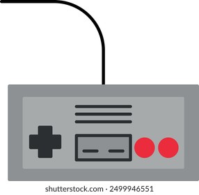 Retro game controller with cord, simple design, gray and red buttons.
